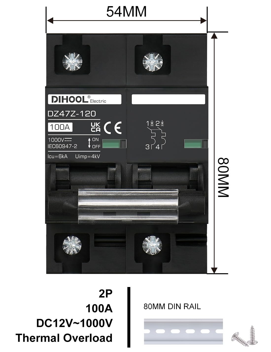 DIHOOL DC Circuit Breaker 100 Amp Solar Disconnect Switch 2p 1000V for PV, UPS,
