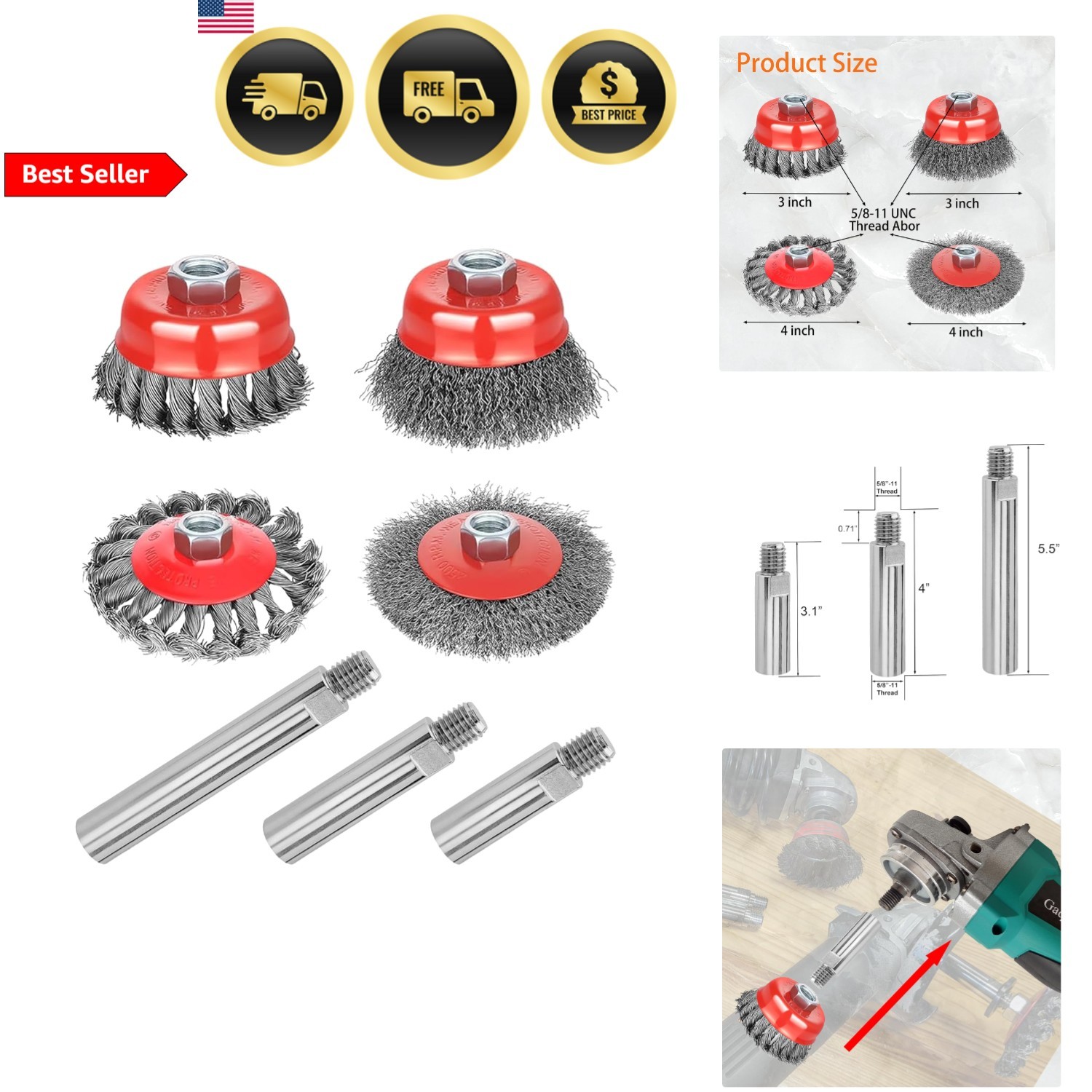 Wire Wheel Brush Set for Angle Grinder Coarse Rust Removal Surface Prep
