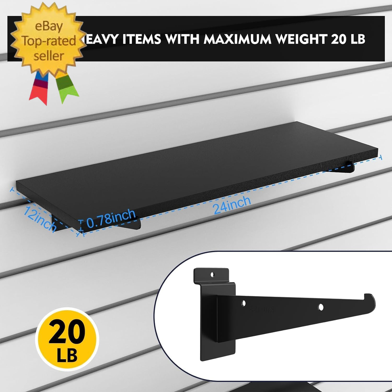 4 Pack Large Wooden Slatwall Shelf, 24 X 12 Inch Slatwall Shelves with Metal Bra