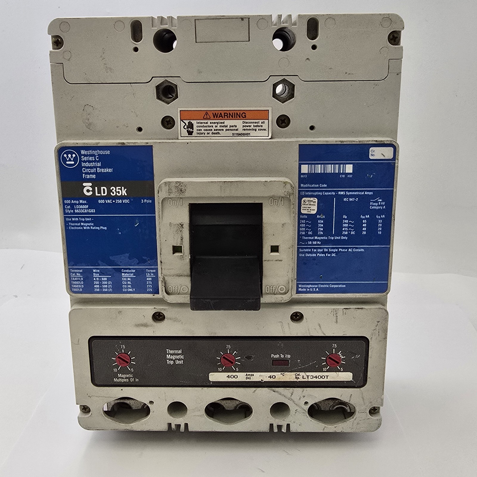 Westinghouse LD3600F Bolt On Circuit Breaker 400A 600VAC 250VDC 3P LT3400T