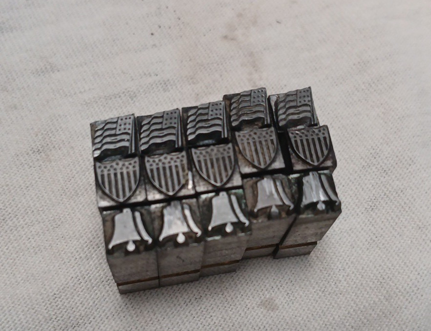 Vintage Lot 15 Lead Printing Antique Press Type Set Blocks Liberty Bell US Flag