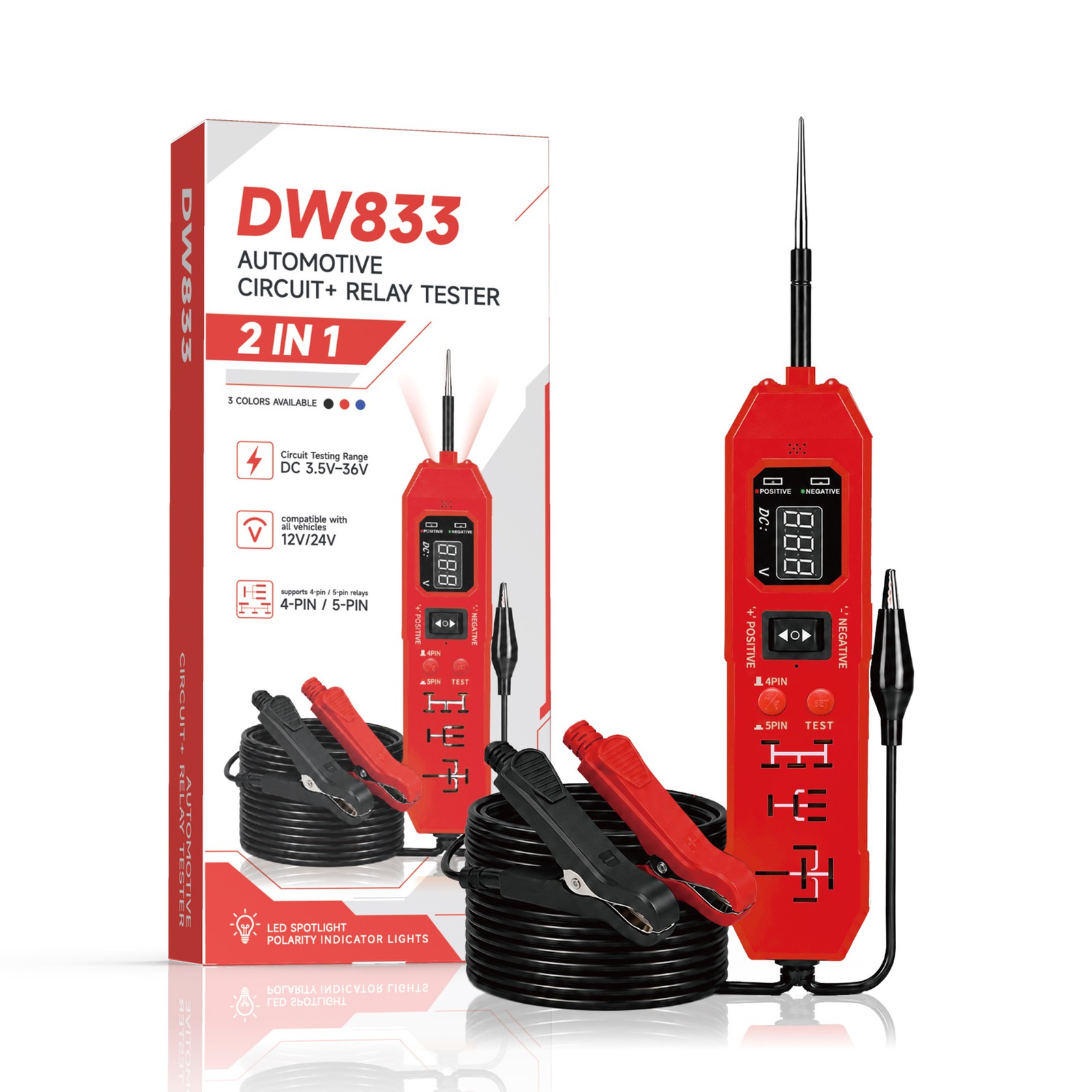 Upgraded DW833 Circuit Relay Tester 3-36V 4/5 Pin with LED Work Light