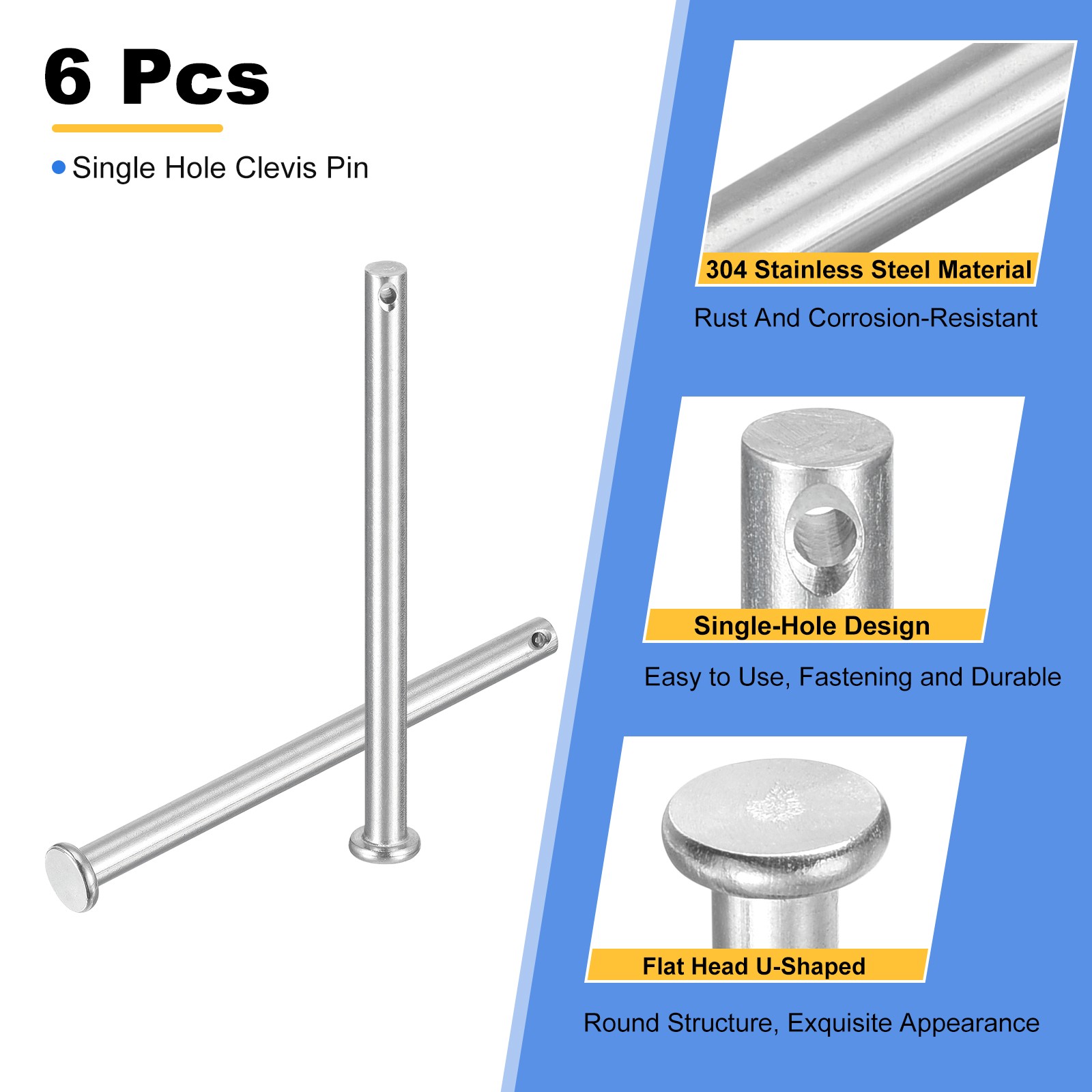 6Pcs 1/4″ x 3-1/8″ Single Hole Clevis Pins 304 Stainless Steel Flat Head Pins