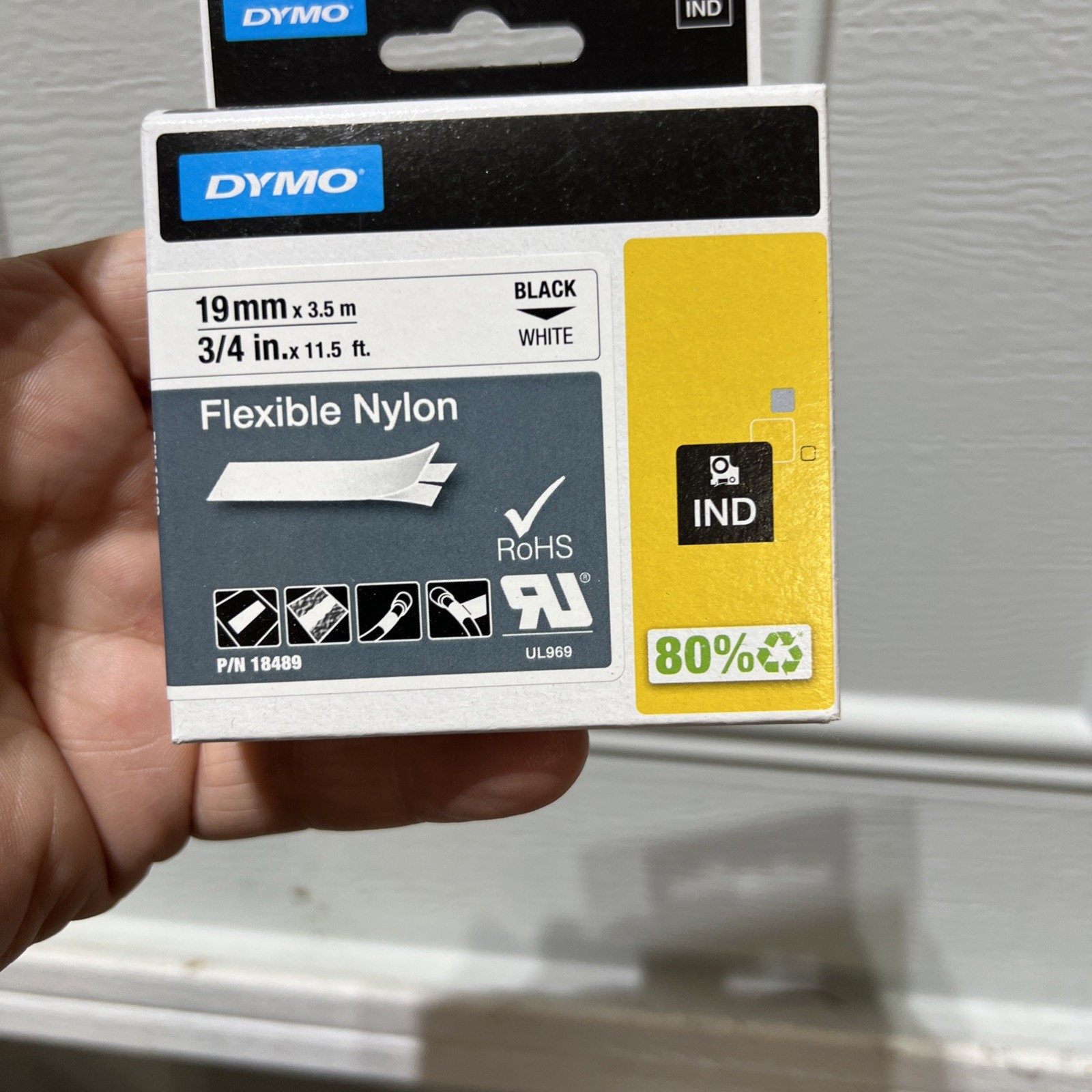 2PK Black on White Nylon Industrial Label 18489 for Dymo Rhino 4200 19mm Tape