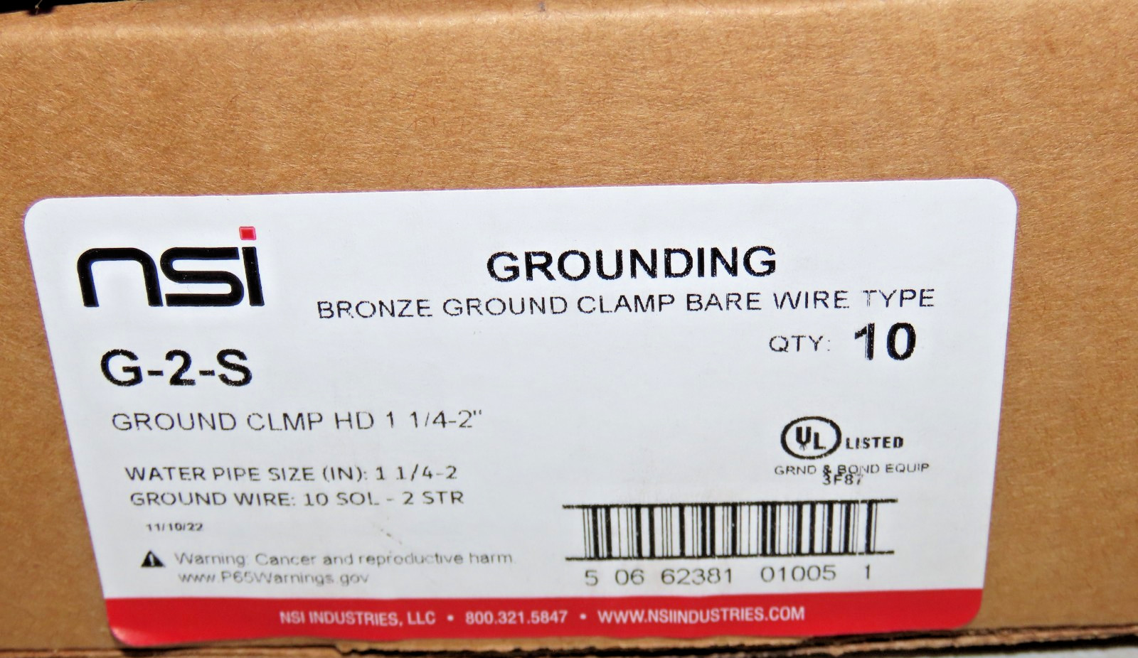 NSI G-2-S GROUNDING BRONZE GROUND CLAMP BARE WIRE TYPE (Pack of 10)
