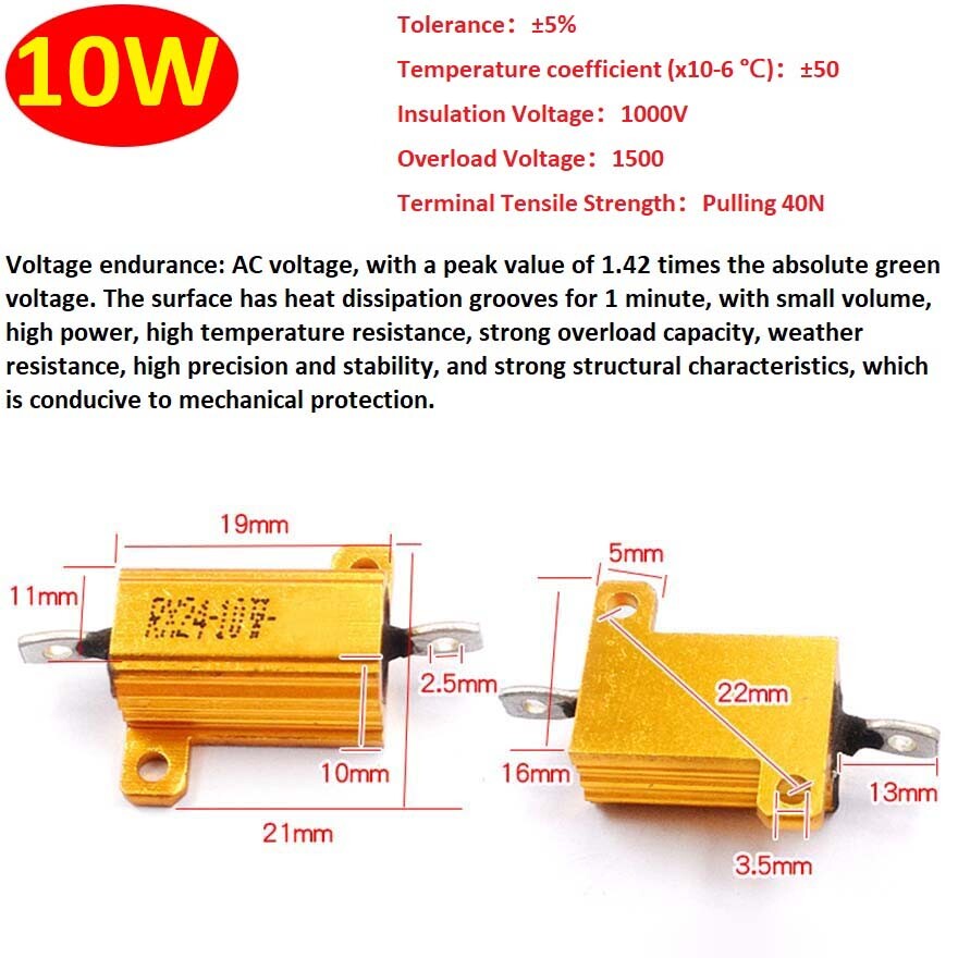 10W RX24 Aluminium Wire wound Power Resistors 5% J 0.01Ω 0.02Ω 1Ω to 300KΩ/Ohm