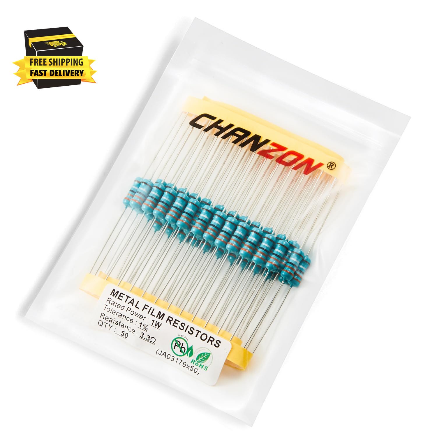 50Pcs 1W 3.3Ω Ohm Metal Film Fixed Resistor 0.01 ±1% Tolerance 3.3 R MF through