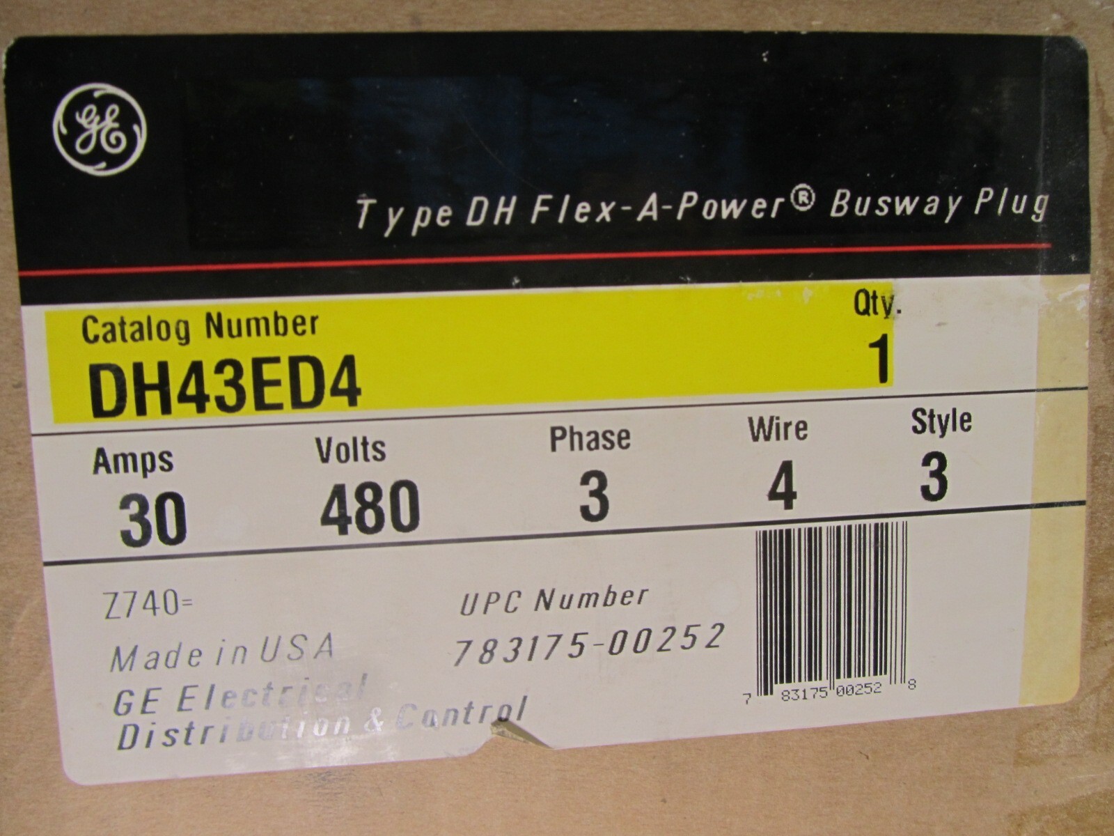 GE DH43ED4 Flex A Power Busway Plug 460 Volt 30 Amps 3 Phase Style 3