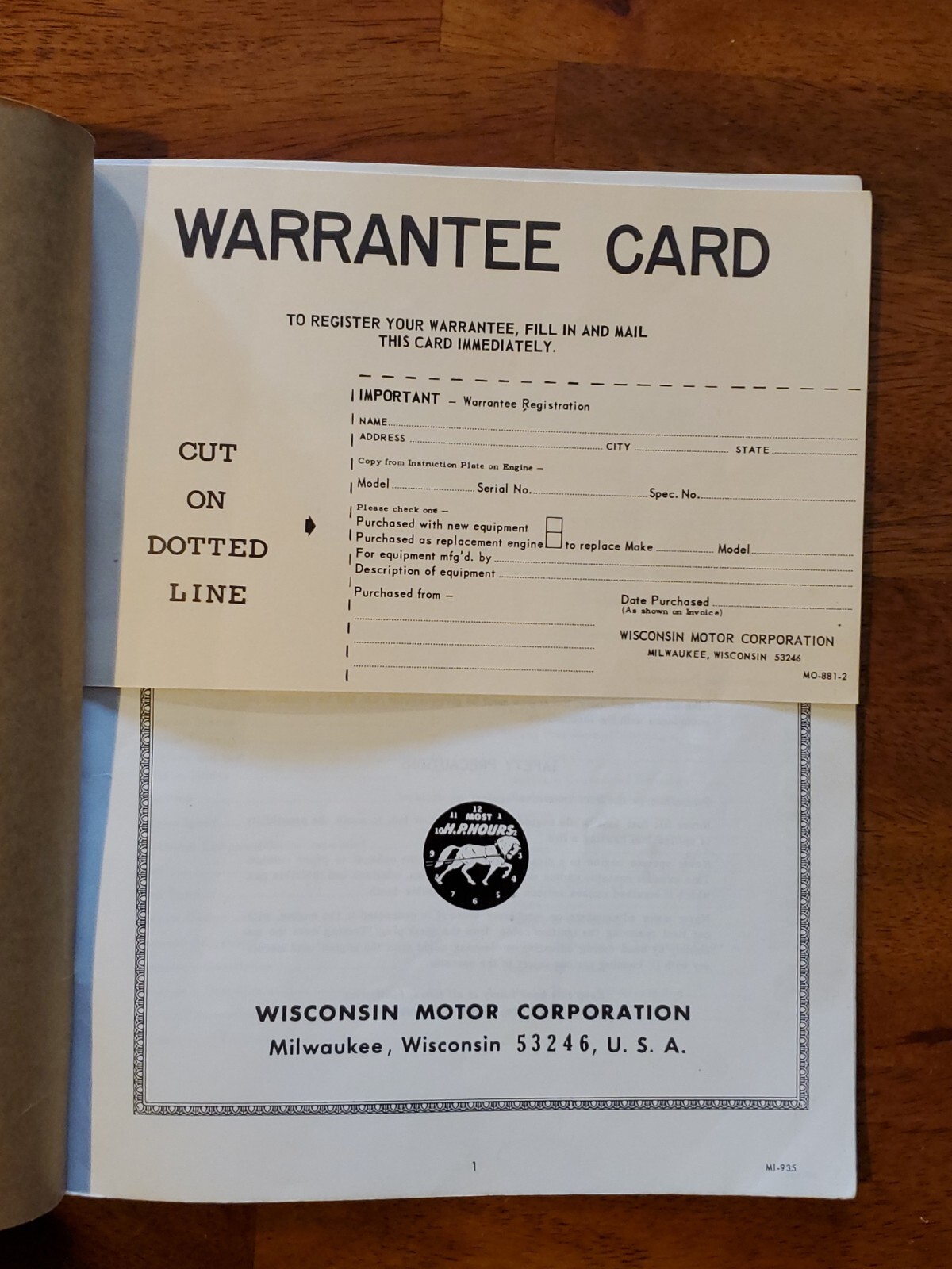Wisconsin MODEL TR-10D Air Cooled Heavy Duty Engines Instruction Book/Parts List