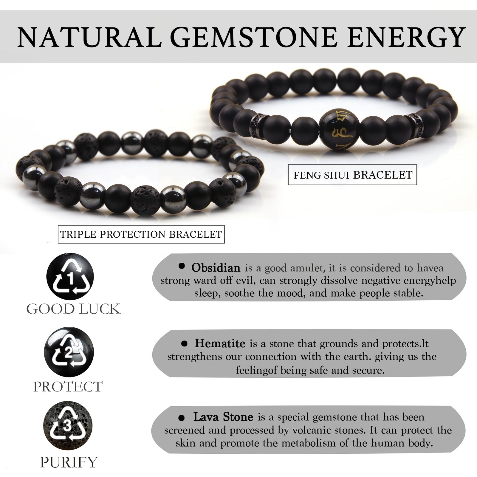 GDLKPYHS Black Obsidian Feng Shui Bracelet for Men – Tourmaline/Onyx/Hematite