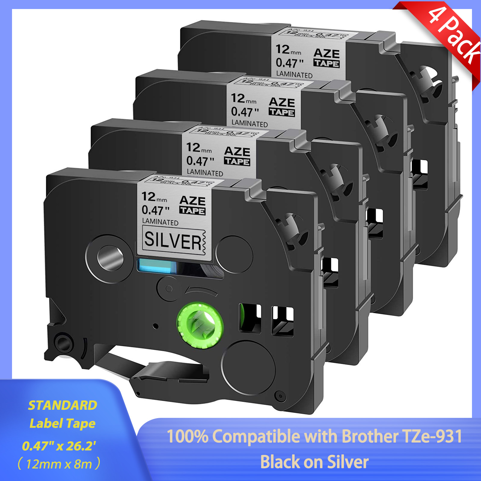 4 x TZe-931 Black on Silver 0.47″ TZe Laminated Tape For Brother PT-D200SA