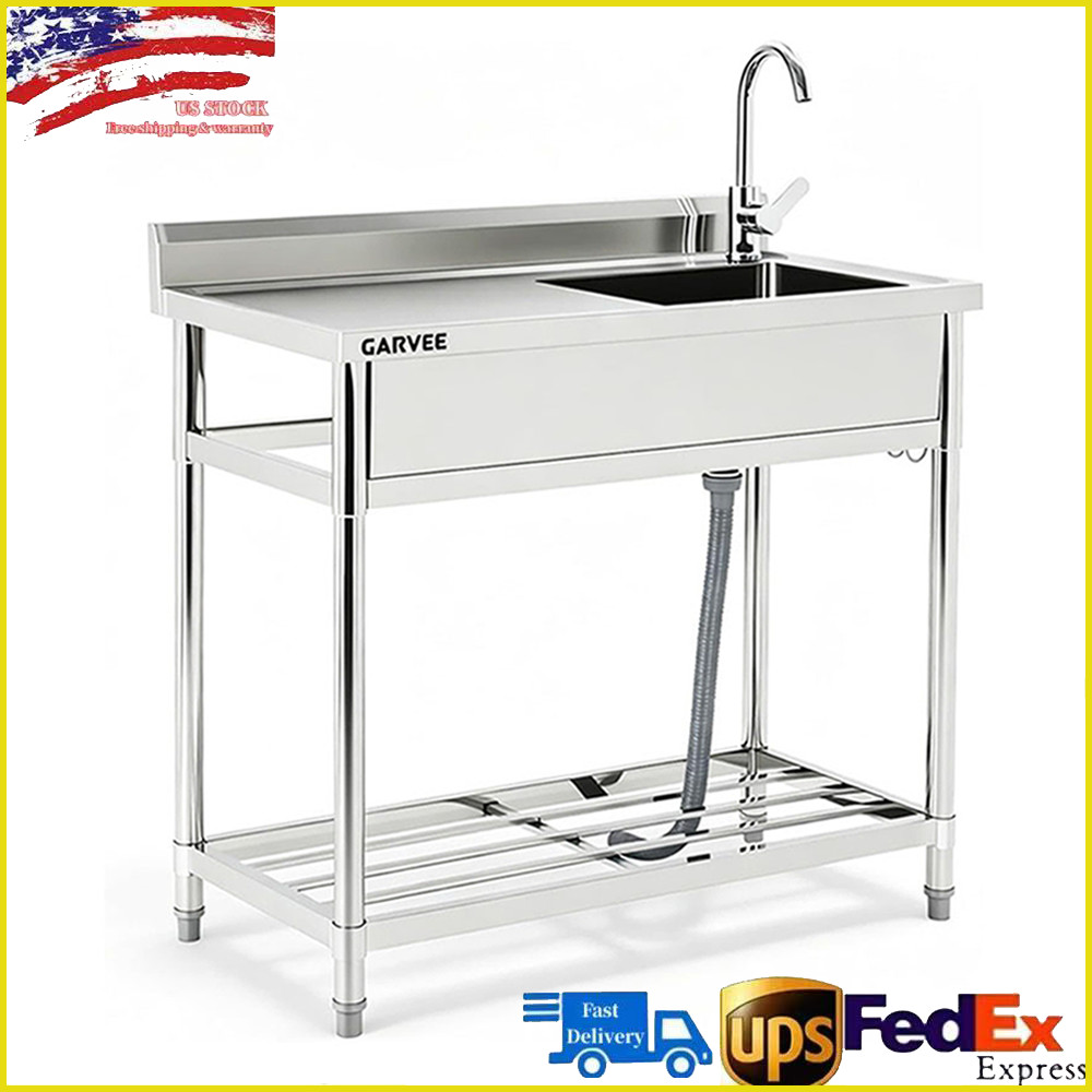 Stainless Steel Commercial Sink Utility Sink 1 Compartment Kitchen w/Prep Table