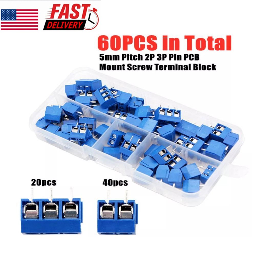 60pcs KF301-2/3-Pin Pole 5mm Pitch PCB Mount Screw Terminal Block Blue US