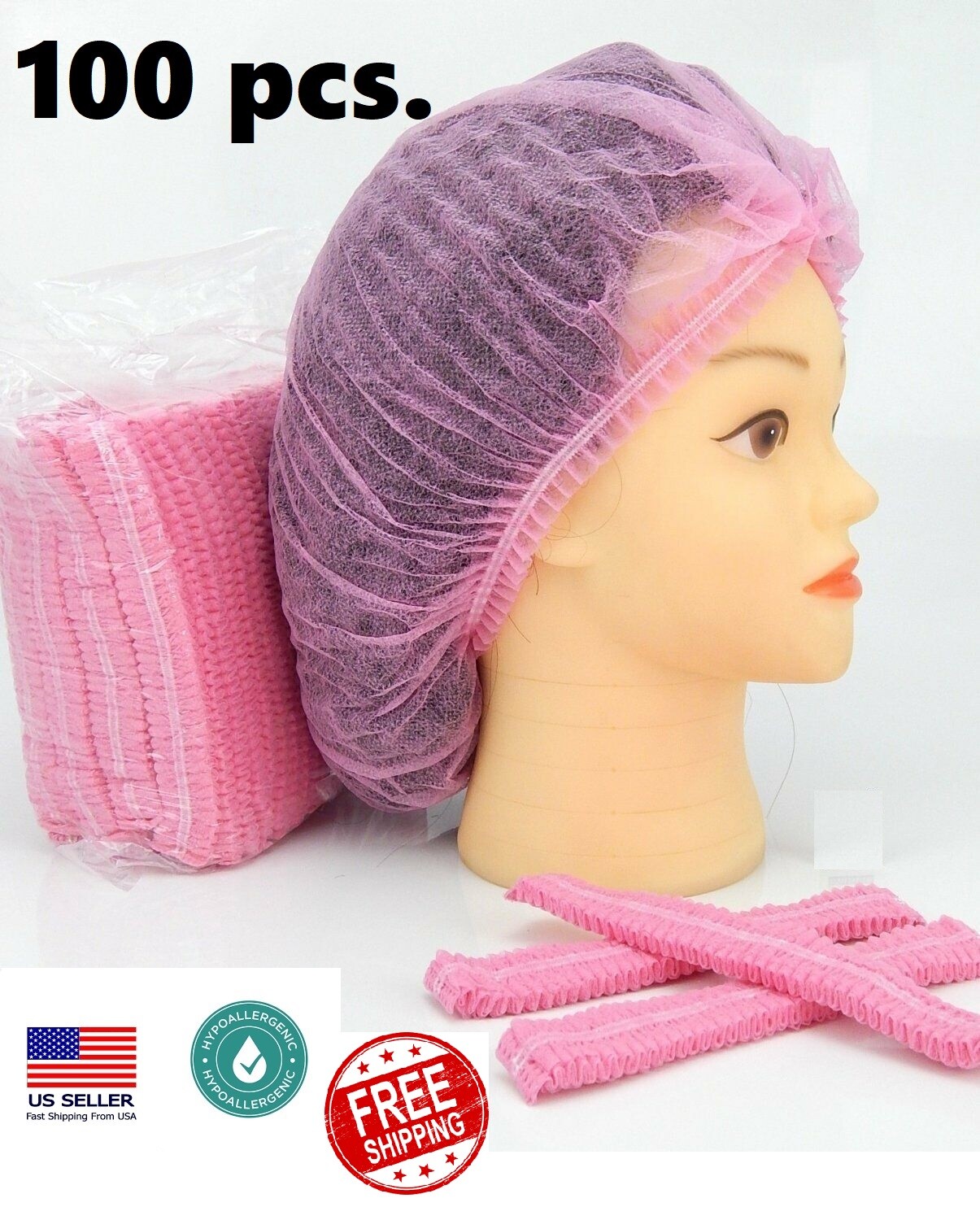 100 Disposable 18″ Non-Woven Strip Mob Caps (Pink) Net Bouffant Head Covers