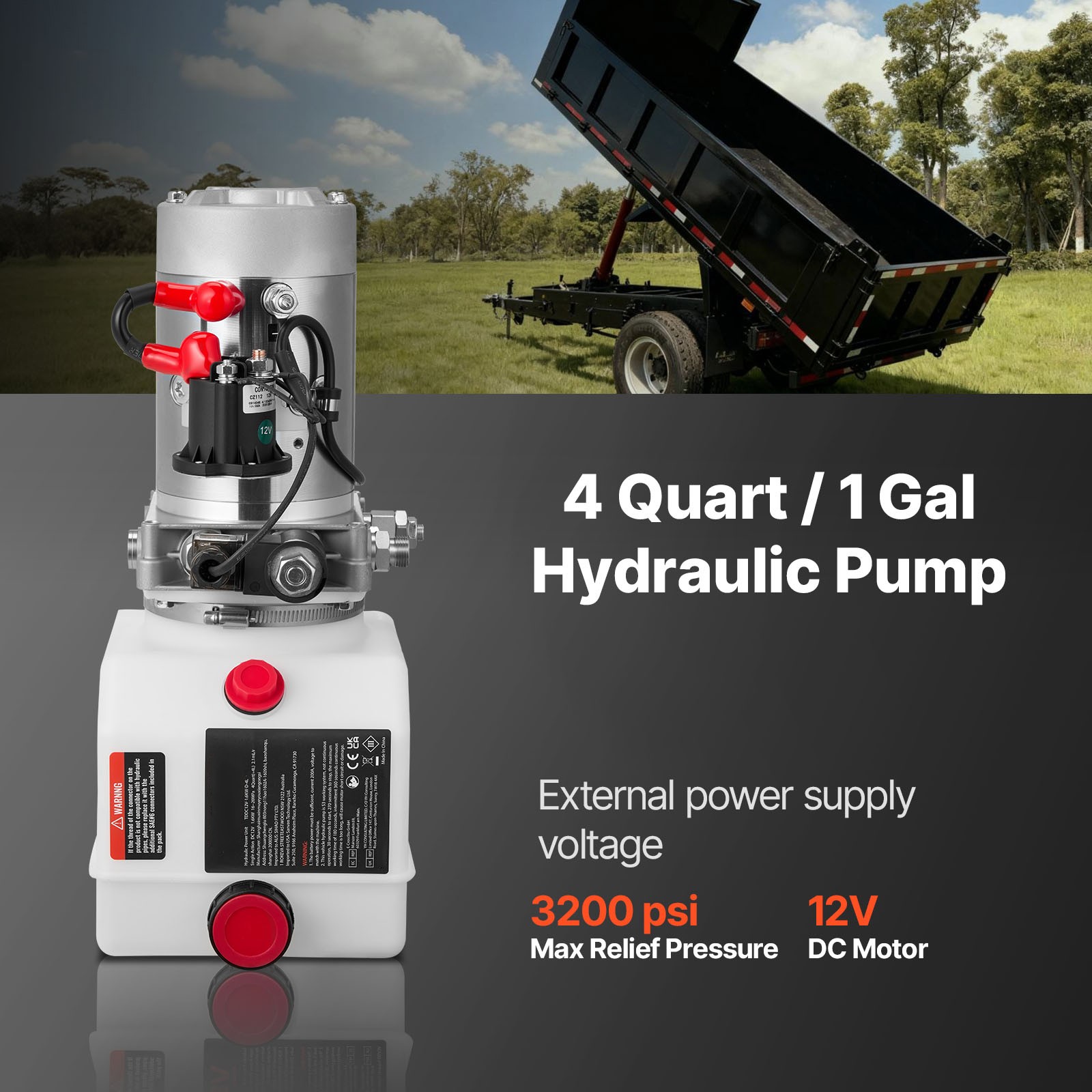 Uimoso 4 Quart Single Acting Hydraulic Pump Dump Trailer Power Unit 12V Plastic