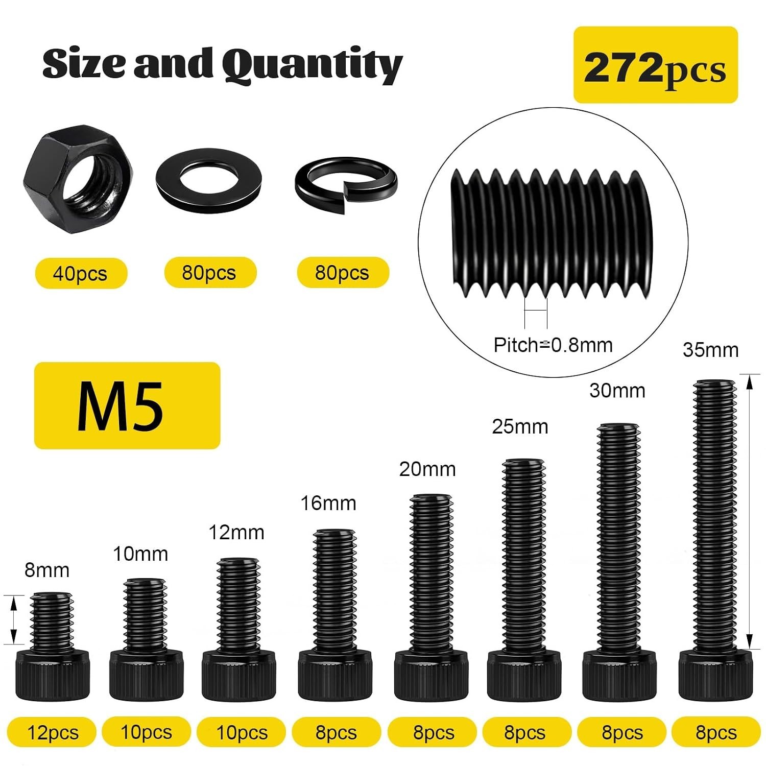 272PCS M5 Screws, Nuts & Washers Set – Hex Socket Head Cap Bolts Assorted
