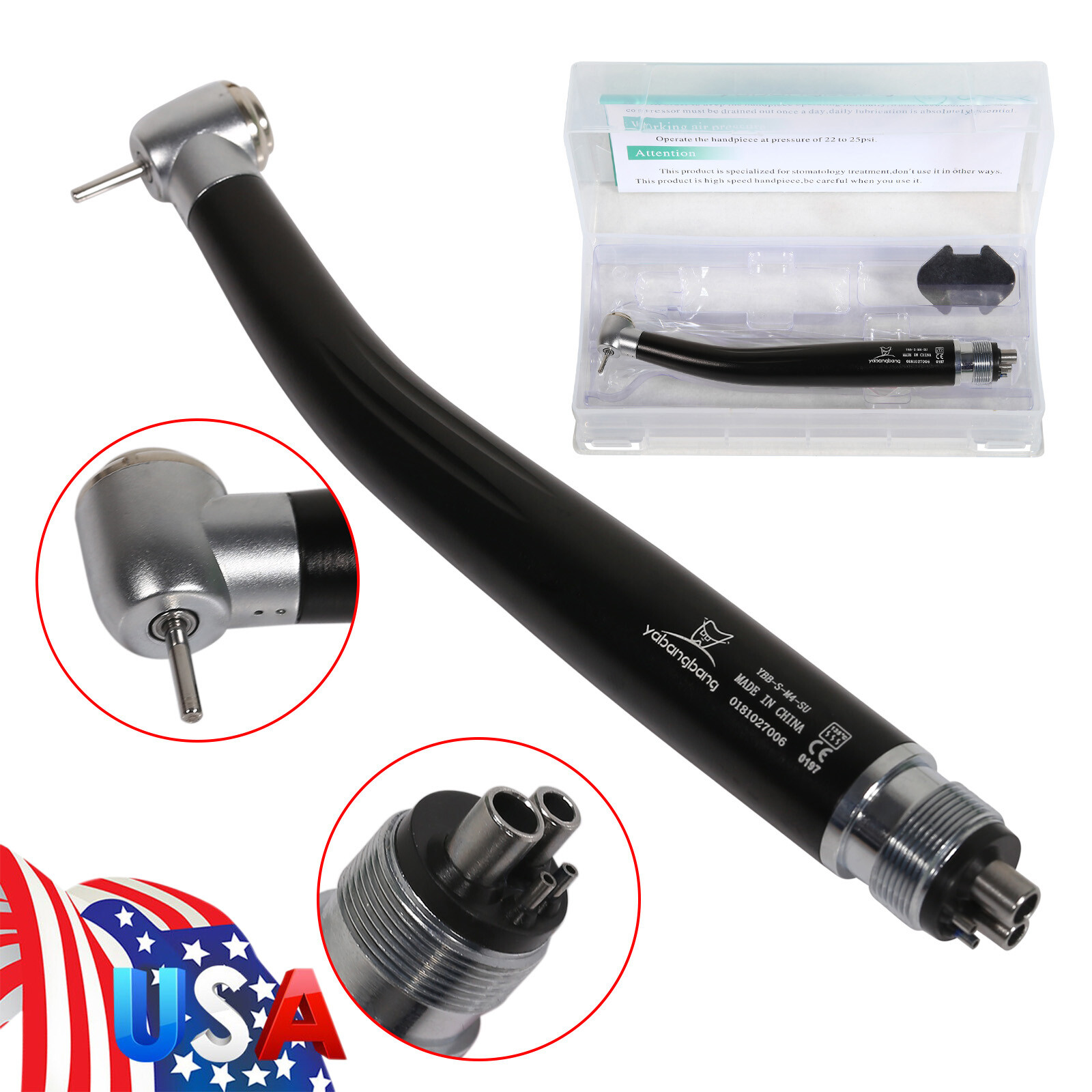 Dental High Speed Handpiece Push 4Holes Standard Head Turbine Black