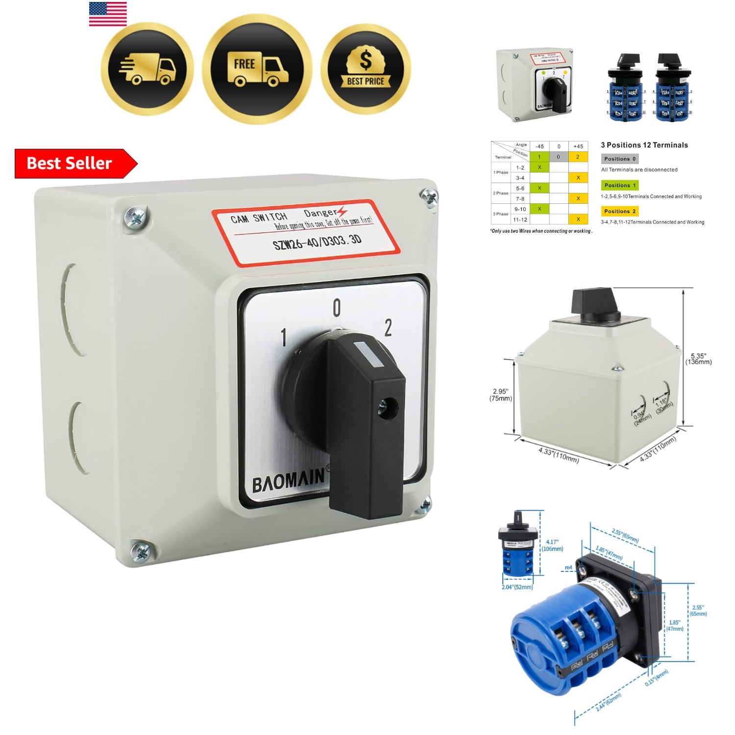 3 Phase Rotary Changeover Switch 40A 660V,3 Position 1-0-2 12 Terminal Univer…