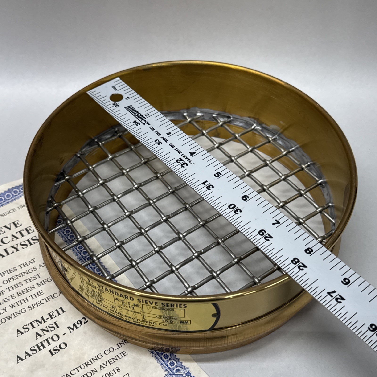 NEW Dual 8” Brass .625″ USA Standard Testing Sieve 16.0mm / 15875µm 5/8in ASTM