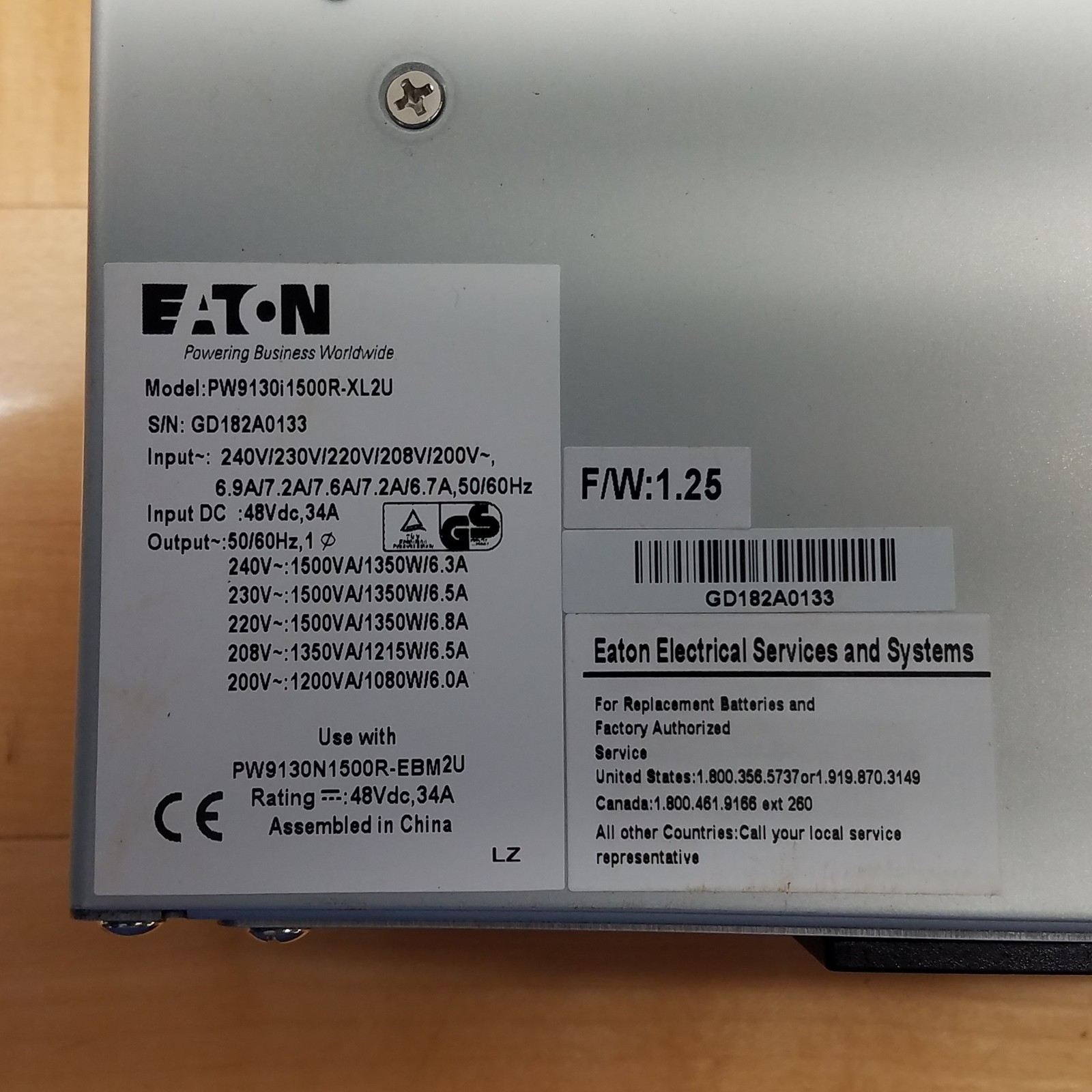 Eaton PW9130I1500R-XL2U Power Supply, 240V/230V/220V/208V/200V Input, 48Vdc, 34A
