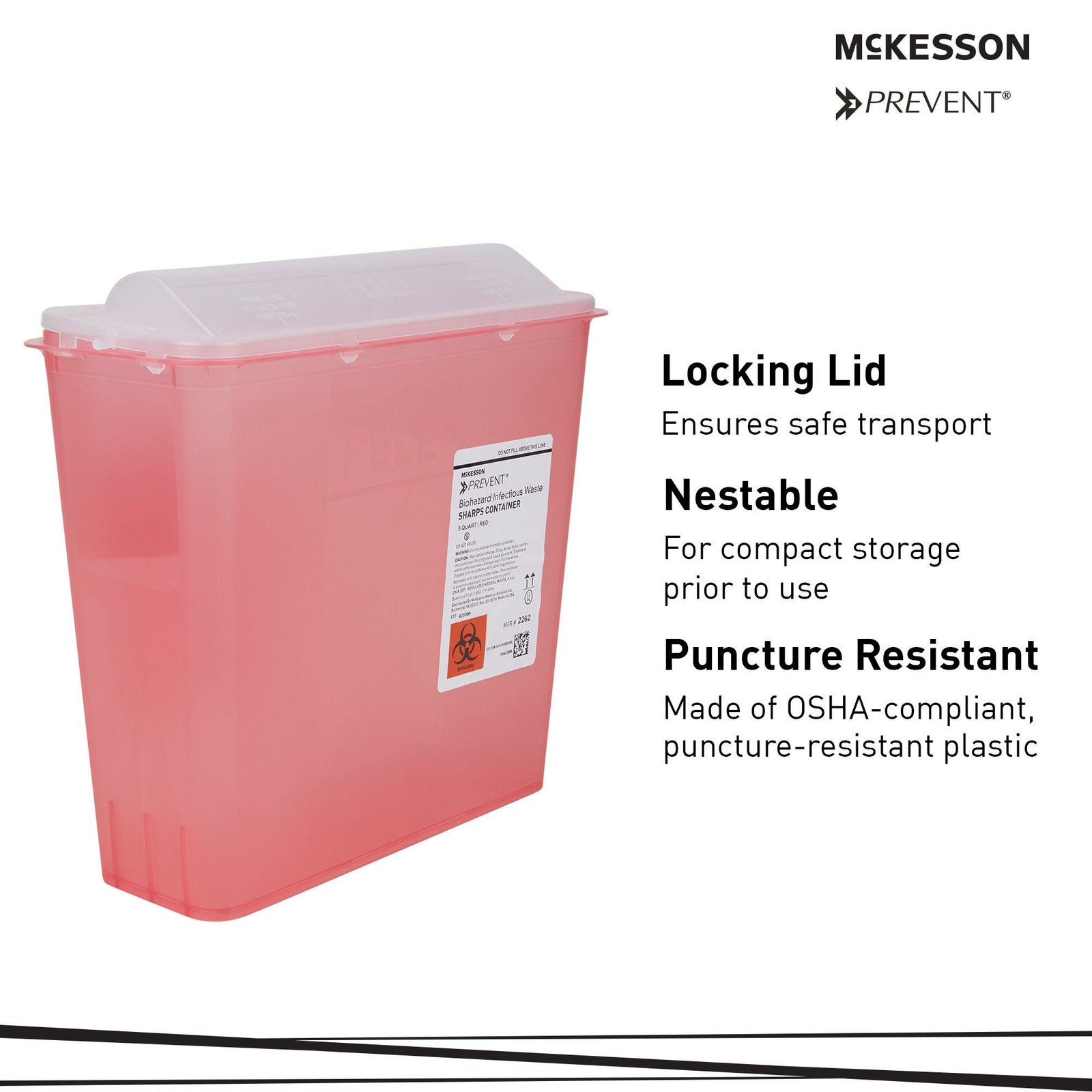 McKesson Prevent Sharps Container 5 Quart 10.75″Hx10.5″Wx4.75″D 2262 1 Each