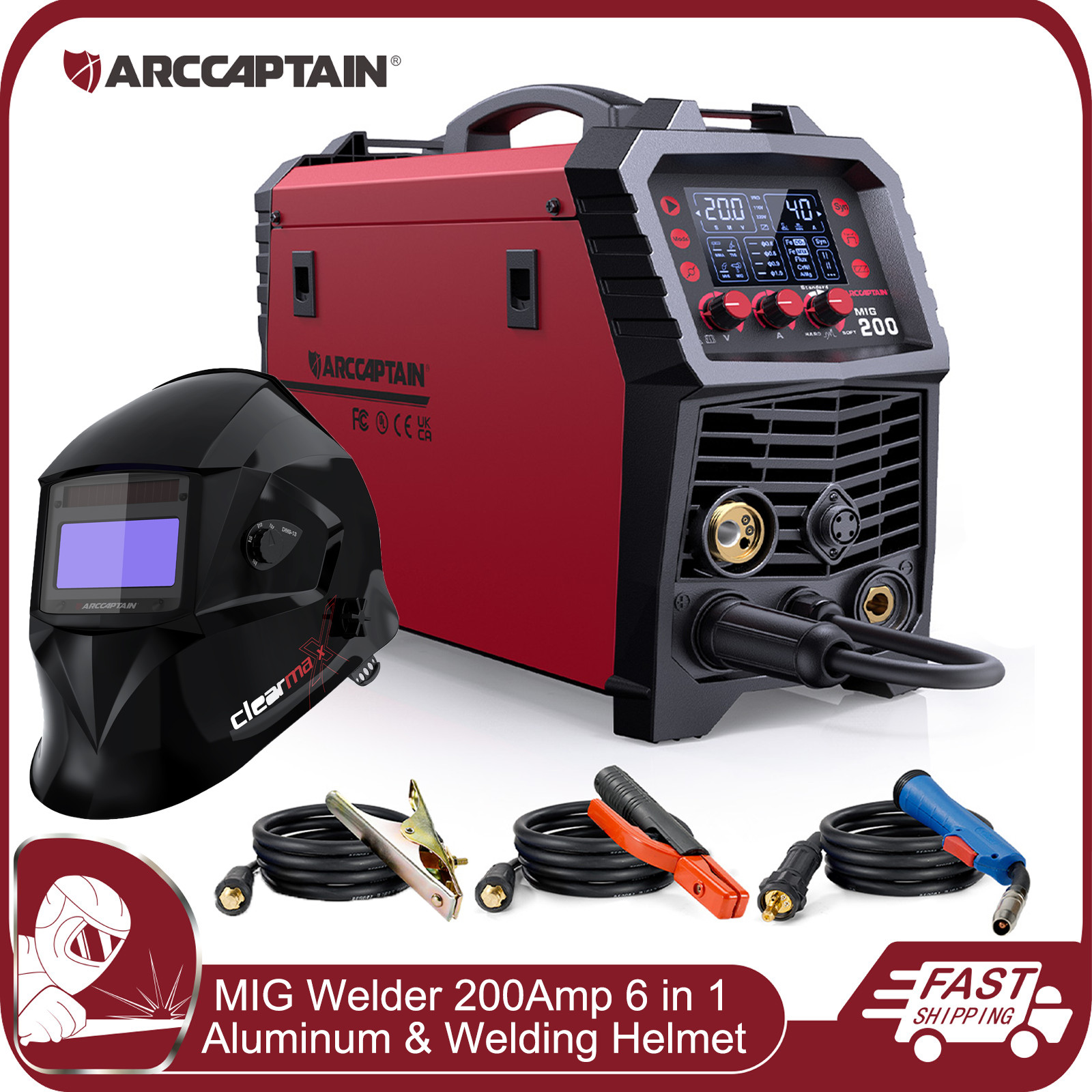 ARCCAPTAIN MIG Welder 200Amp 6 in 1 Aluminum LED Stick/Lift TIG & Welding Helmet
