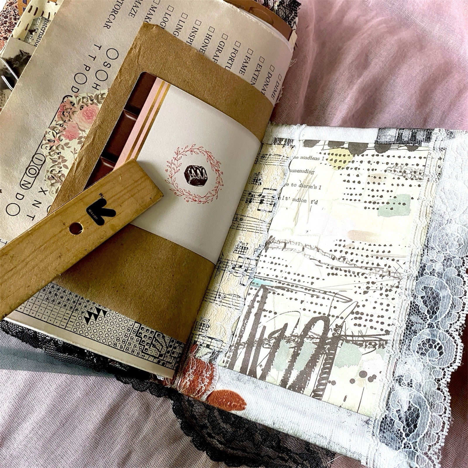 Handmade Authentic Vintage Junk Journal Book 90 Pgs Layered Lace Pockets Diary