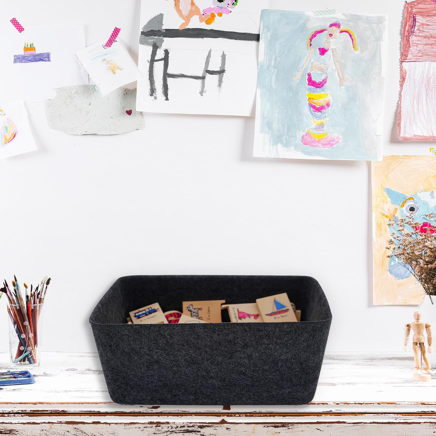 Charcoal Minimalist Felt Desk Organizer – Deep & Wide Storage Bin