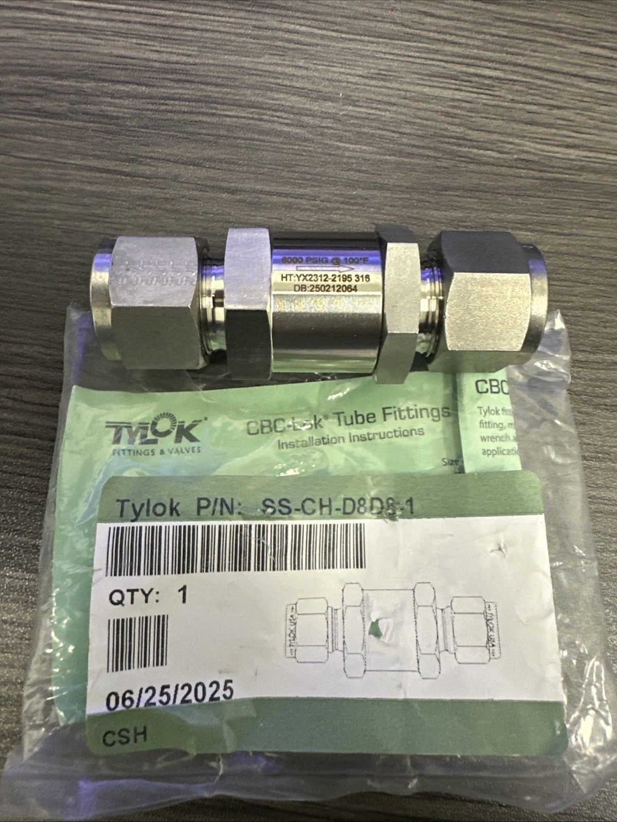 SS-CH-D8D8-1 , SS316, 1/2″ CHECK VALVE, TYLOK, SWAGELOK REF SS-CHS8-1 *NEW*