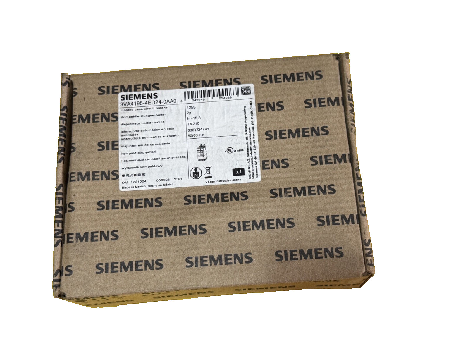 (1) NEW Siemens 3VA4195-4ED24-0AA0 2p 15a 25k Circuit Breaker – NEW IN BOX