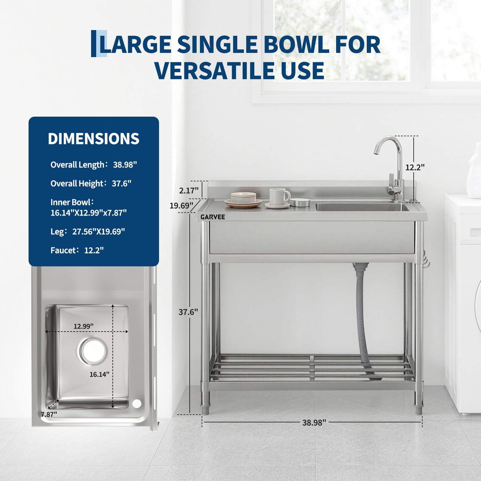 Stainless Steel Commercial Sink Utility Sink 1 Compartment Kitchen w/Prep Table