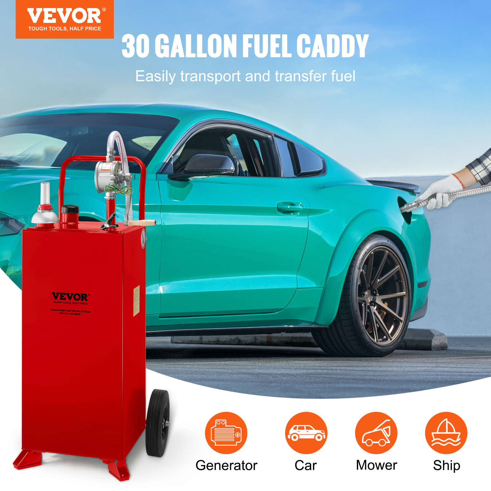 30 Gallon Gas Fuel Diesel Caddy Transfer Tank Container w/ Rotary Pump 10ft Hose