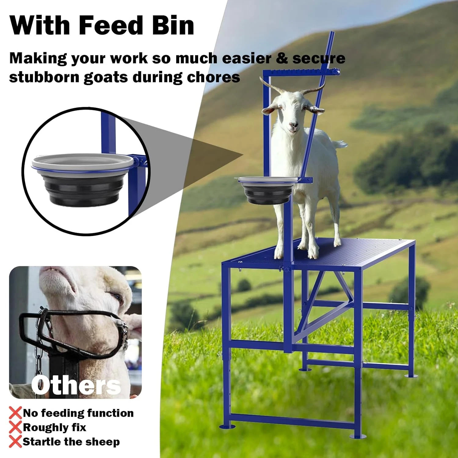600 Lbs Goat Milking Stand with Feed Bin, Heavy Duty Goat Stand for Milking, Hoo