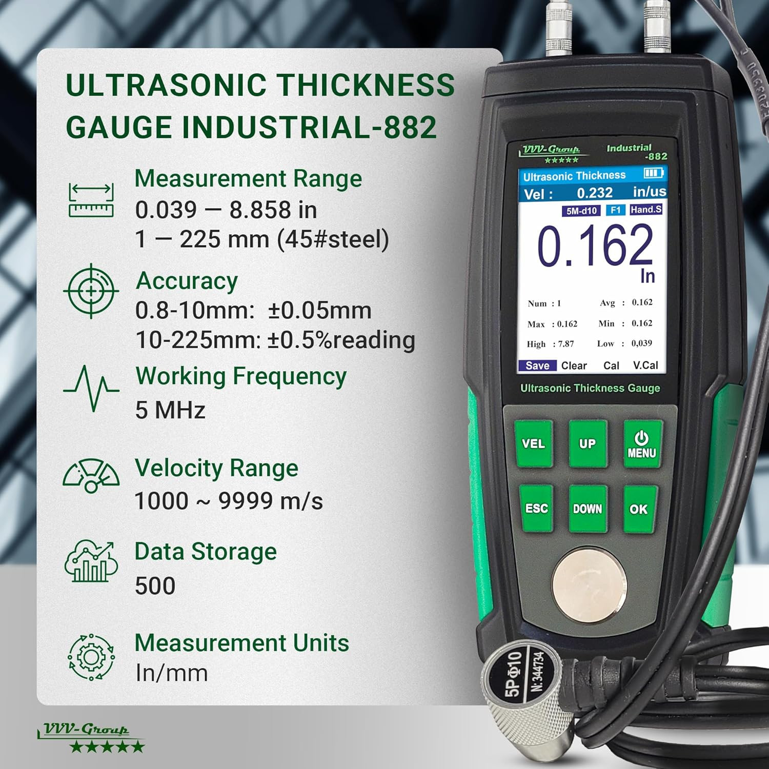 Ultrasonic Thickness Gauge Meter 0.039–8.85In For Metal Plastic Glass PVC