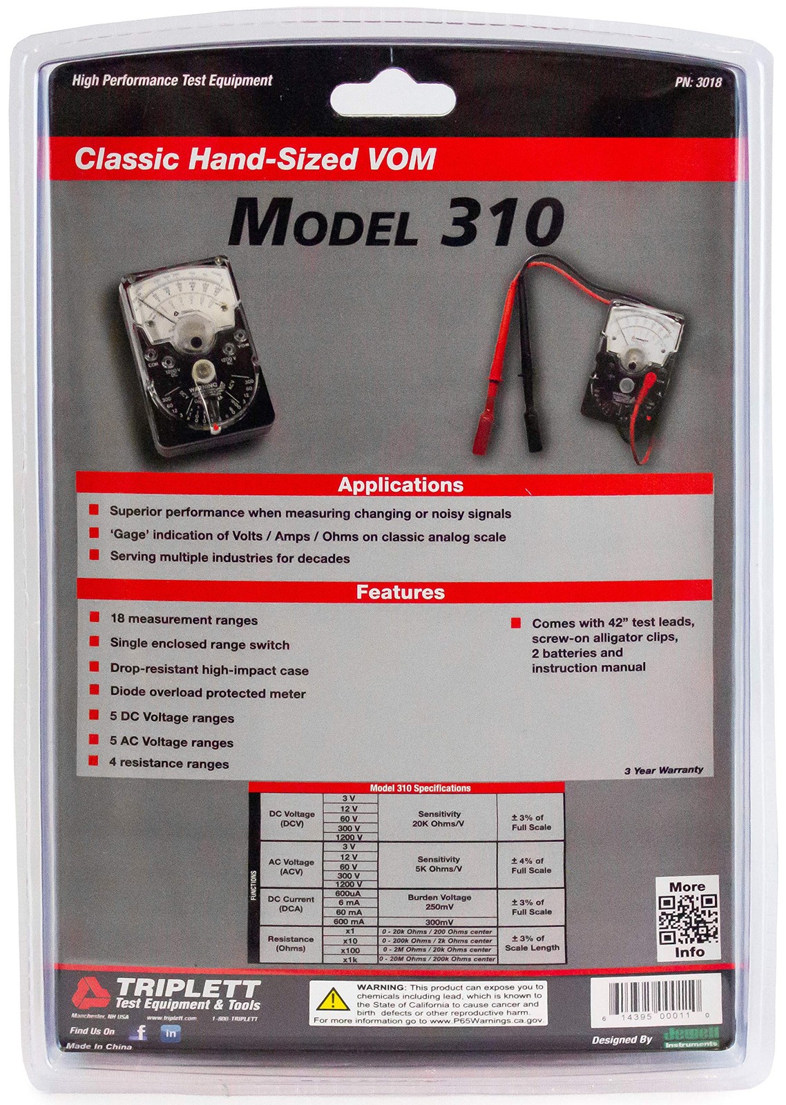 Triplett 3018 Model 310 Hand-Sized Analog Multimeter – AC/DC Voltage, DC Curr…