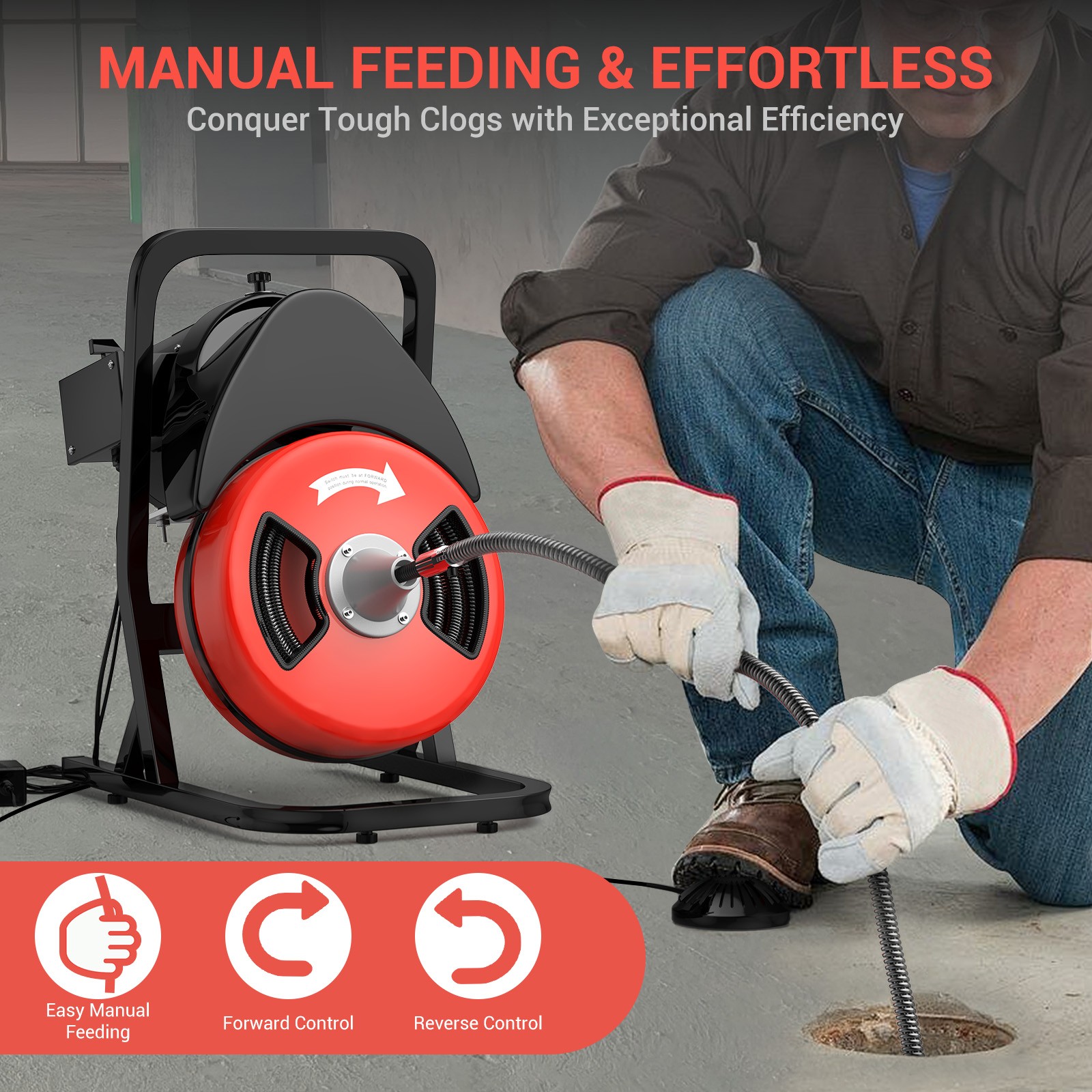 Electric Drain Cleaner Machine 50FT x 1/2″ 450W Auto-Feed Sewer Snake Auger