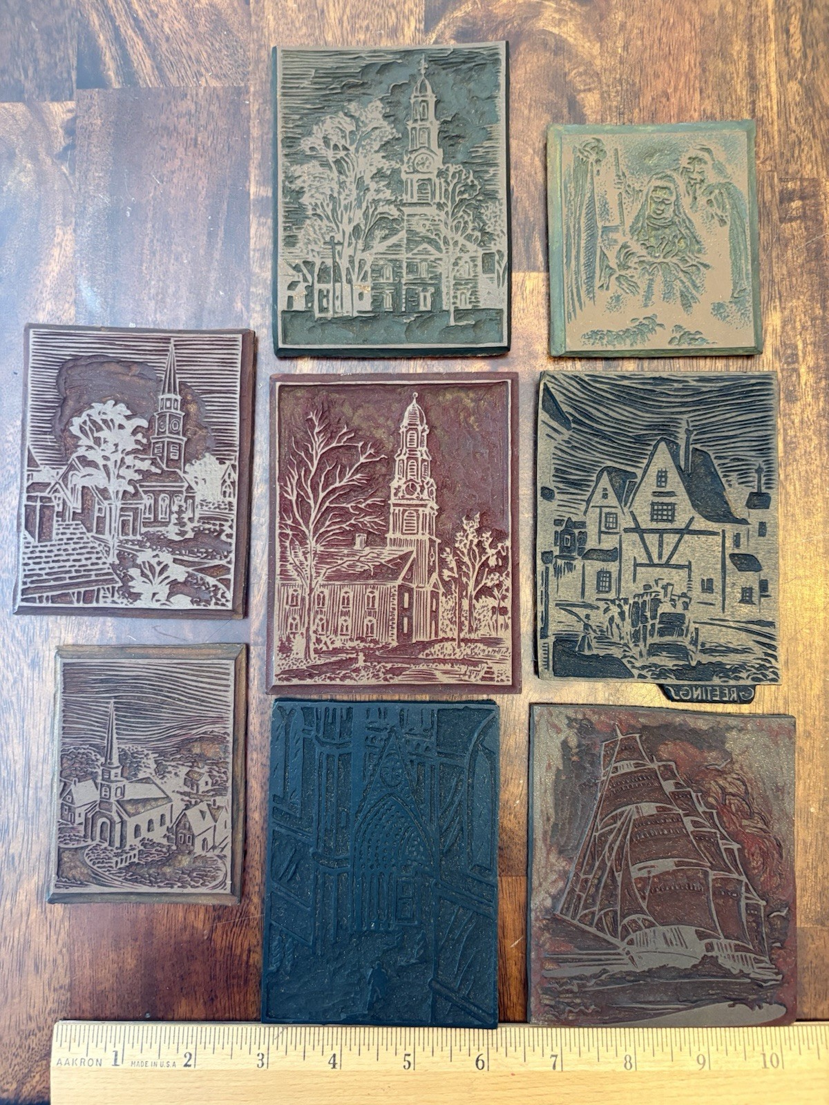 Lot Of 8 Vintage Carved Printing Blocks Religious Sailing