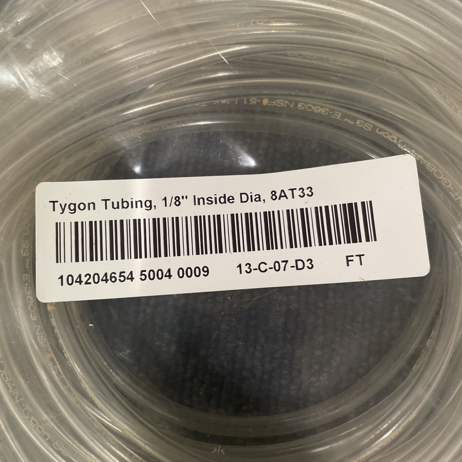 TYGON ACF00006 Tubing,Clear,1/8 In. Inside Dia,50 ft. 8AT33