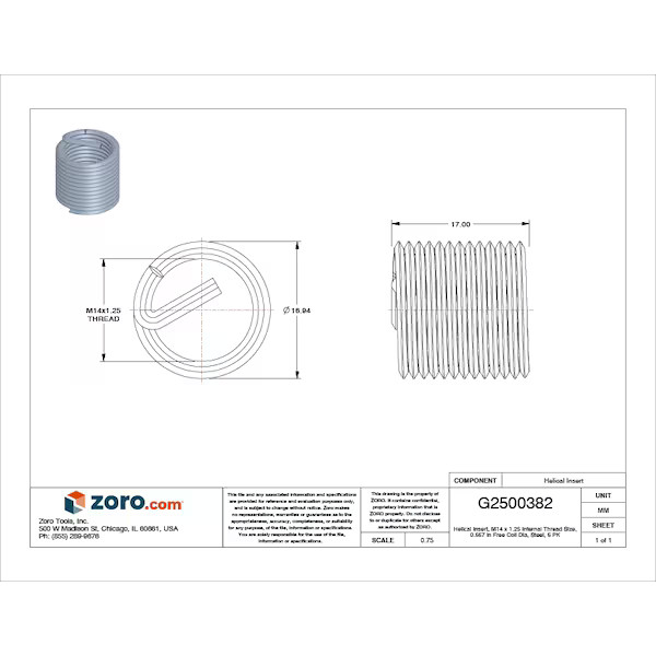 Not Applicable Helical Insert, Free-Running, M14-1.25 Thrd Sz, 12L14 Steel, 6 PK