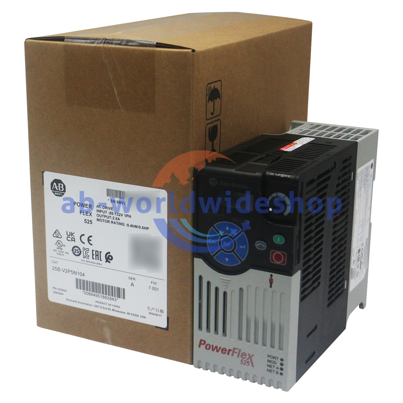 25B-V2P5N104 PowerFlex 525 0.4kW (0.5Hp) AC Drive 100% Brand New Allen Bradley