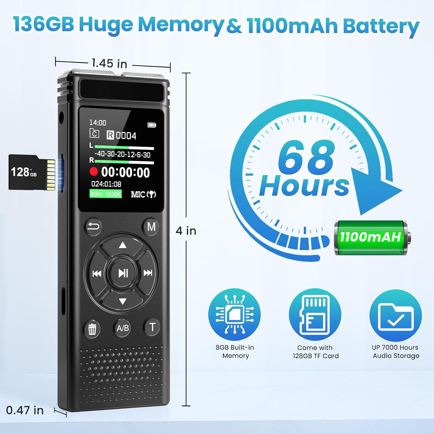Tonfarb 136GB Digital Voice Recorder with Playback,9000 Hours Audio Recording De