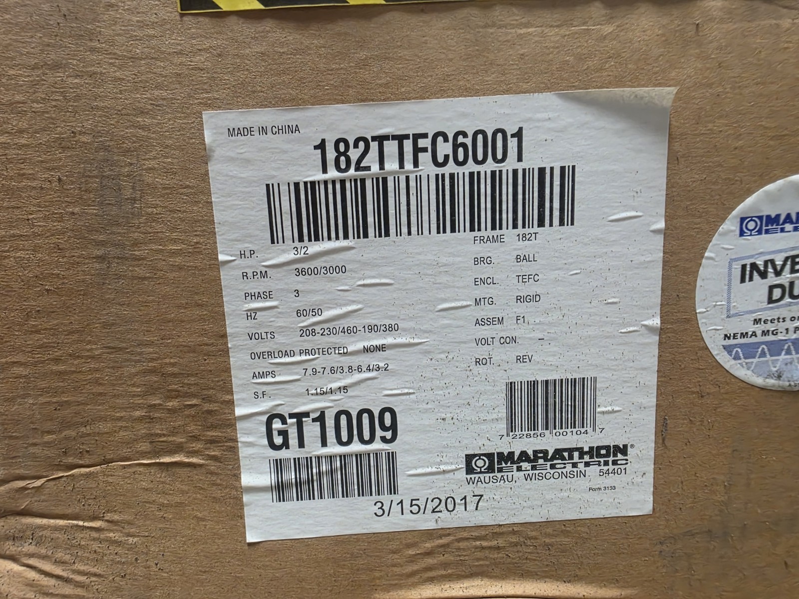 Marathon Cat. GT1009 Electric Motor 3hp 3ph 3532 RPM 182T Fr. Inverter Duty