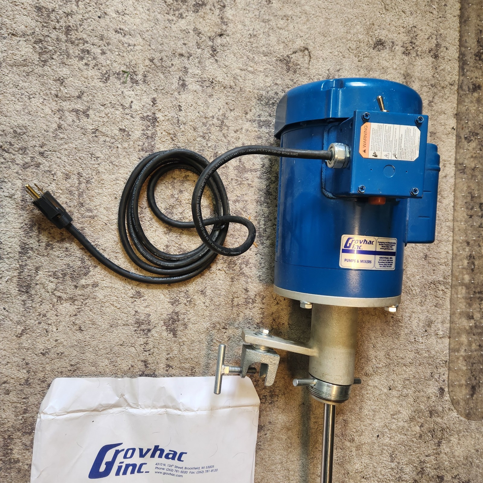 Grovhac 1HP Electric 55 Gallon Drum Mixer Agitator C-Clamp Mount Leeson Portable