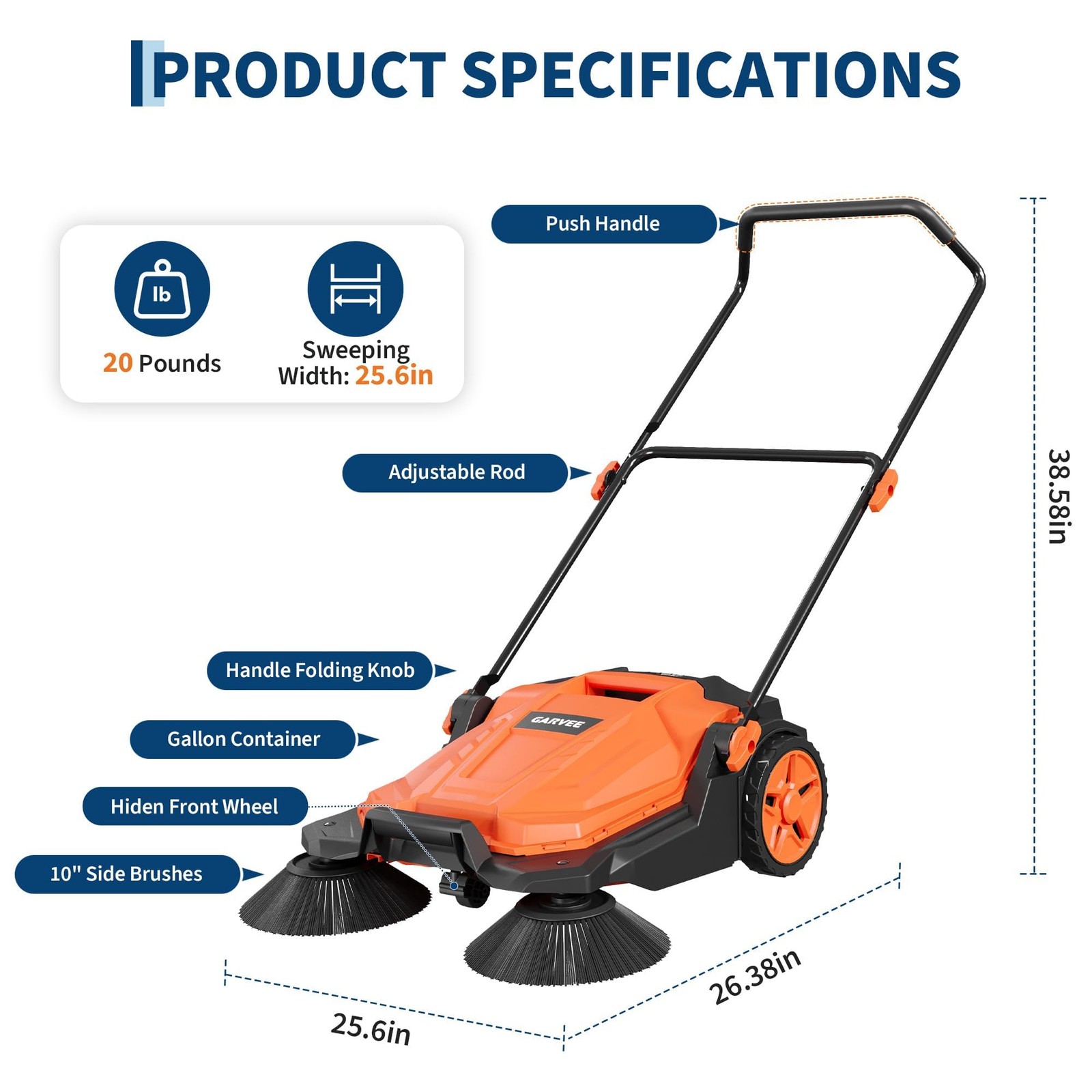 Walk-behind Hand Push Floor Sweeper w/25.6″ Width & 5-Gallon Waste Container