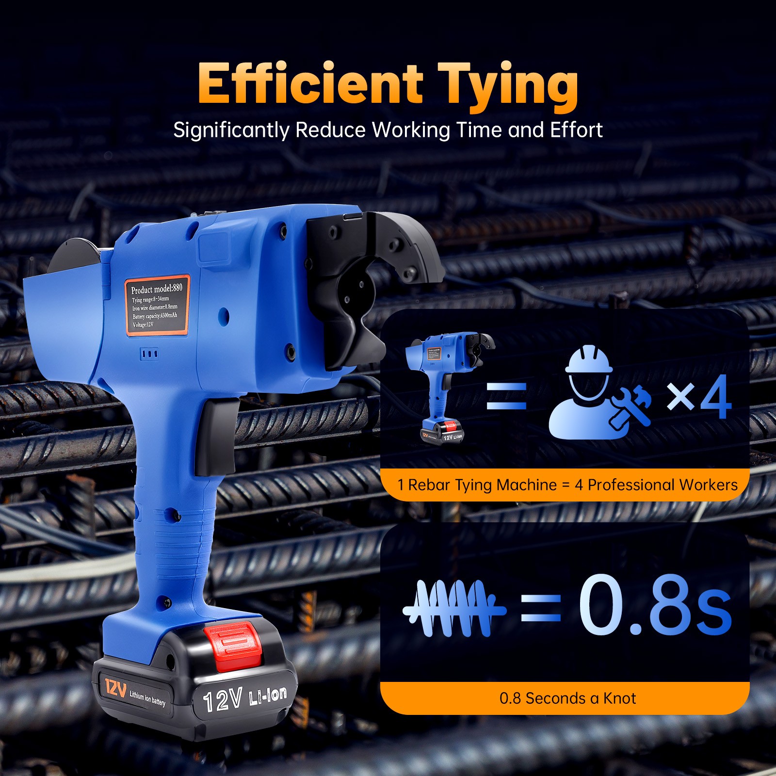 8-34mm Automatic Rebar Tying Machine Electric Rebar Tier Tool+ 4500 Mah Battery