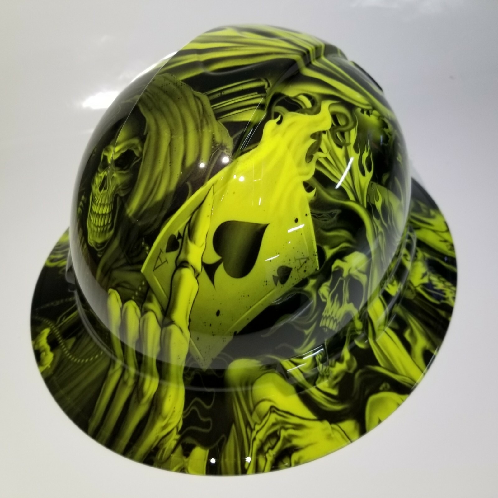 FULL BRIM Hard Hat custom hydro dipped in HI VIS GREEN ACE OF SKULLS NEW