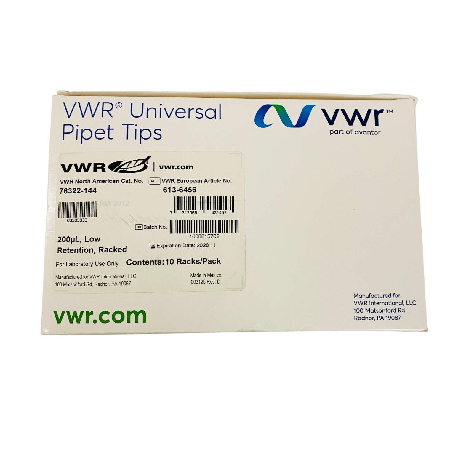 VWR 76322-144 Universal 200µl Pipet Tips Low Retention 10 Racks/Pack Exp 11/2028