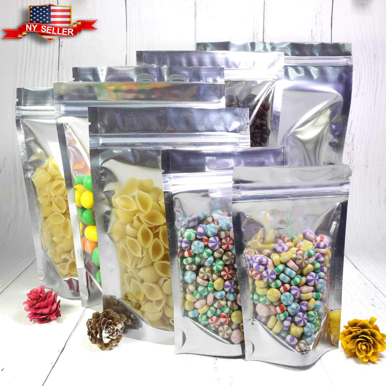 100/500/1000 Single-Sided Window Silver Mylar Foil Stand Strong Zip Seal Bags
