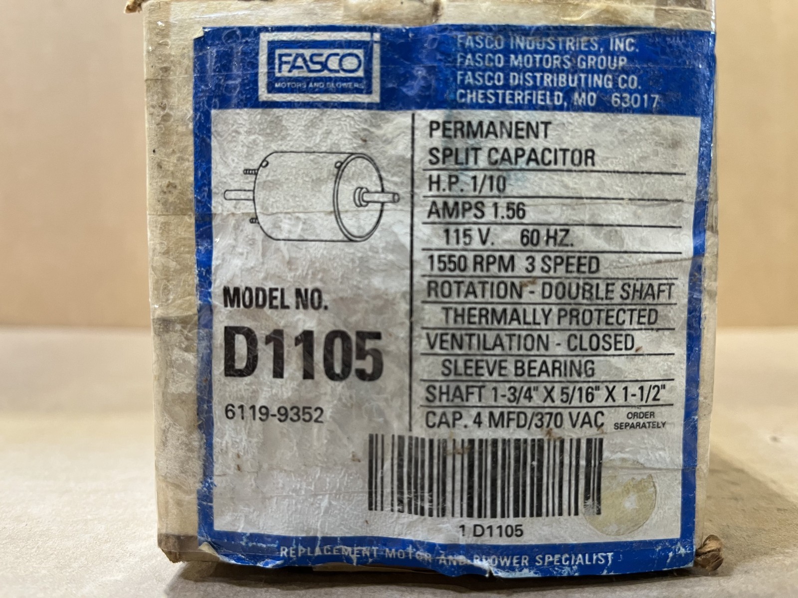 Fasco D1105 Permanent Split Capacitor Motor 1/10 HP 1550 RPM 115 Volts