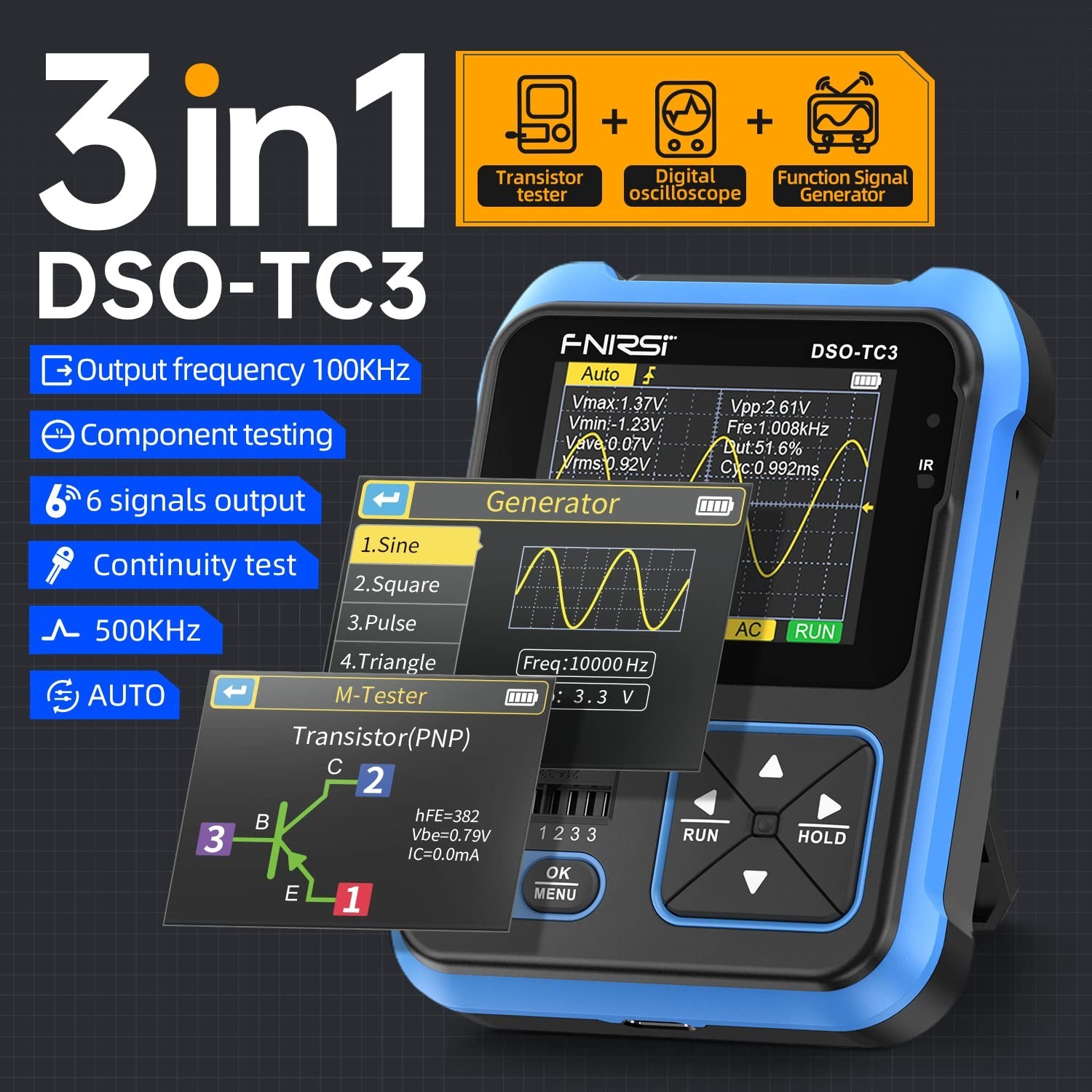 3-in-1 Digital Oscilloscope 500KHz Bandwidth 10MSa/s Sampling Rate, Portable Tes